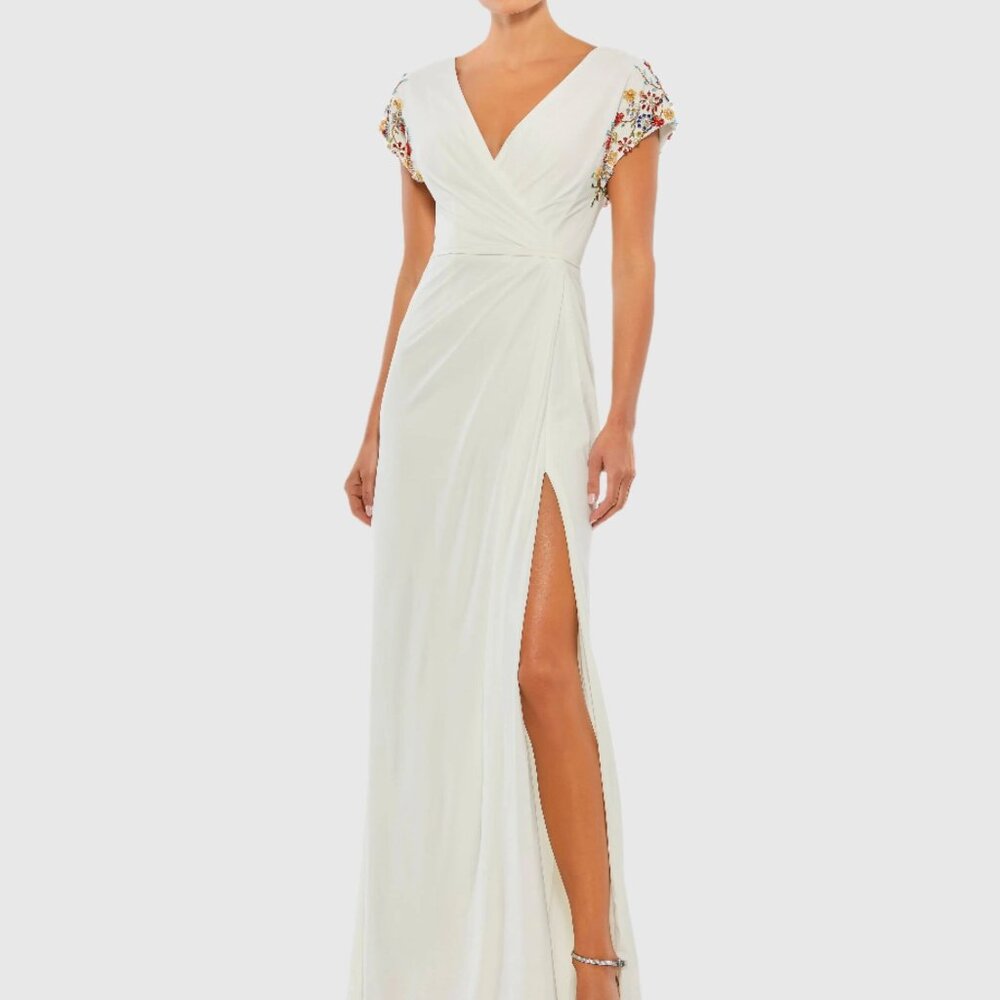 Ieena for Mac Duggal White Embellished Sleeve Jersey Wrap Gown